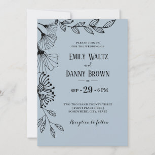 Dusty Blue Botanical Simple Doodle Floral Wedding Invitation