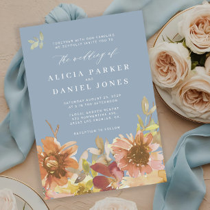 Dusty blue botanical watercolor floral wedding invitation