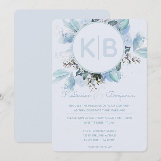 Dusty Blue Botanical Watercolor Monogrammed Invitation (Front/Back)