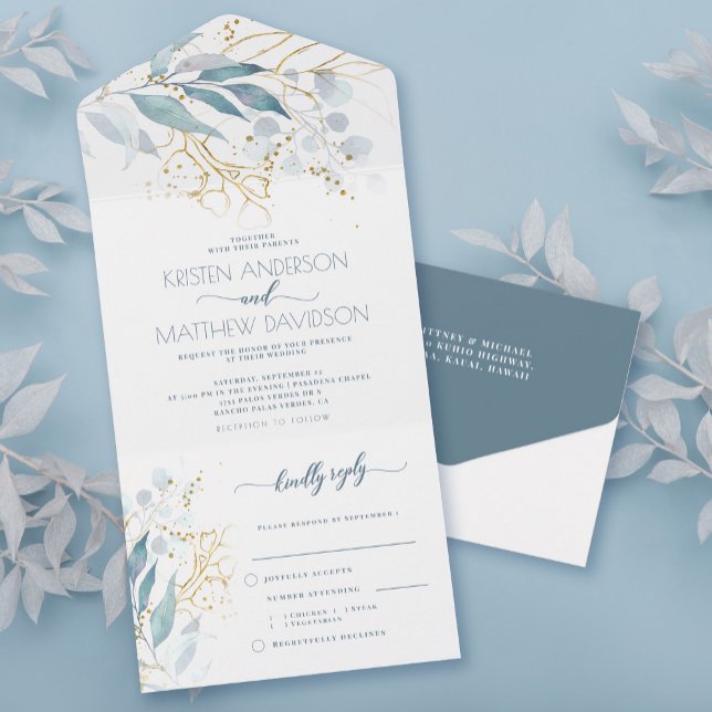 Dusty Blue Botanical Watercolor Wedding All In One Invitation (These budget-friendly wedding invitations are designed with an easy-to-tear-off perforated RSVP.)