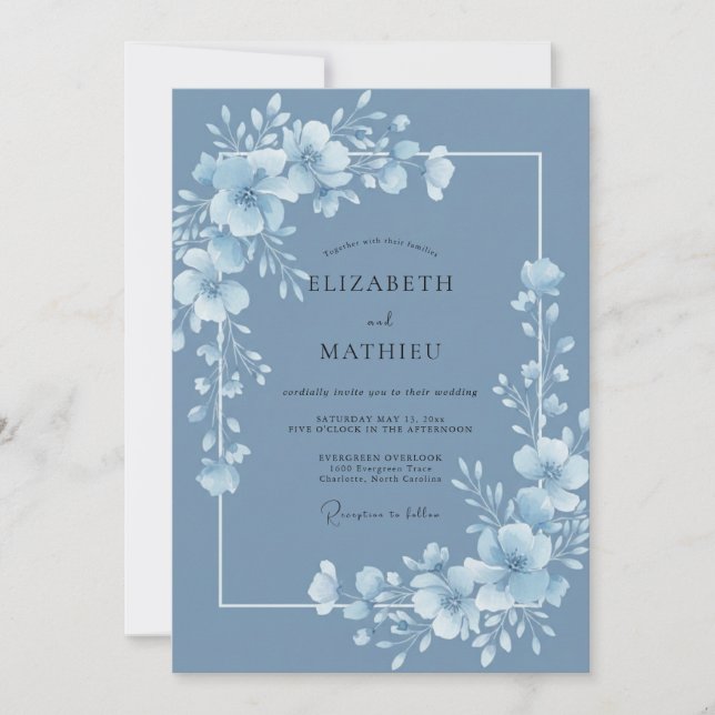 Dusty Blue Botanical Watercolor Wedding Invitation (Front)