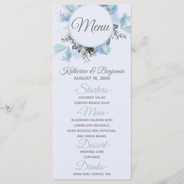 Dusty Blue Botanical Watercolor Wedding Menu (Front)