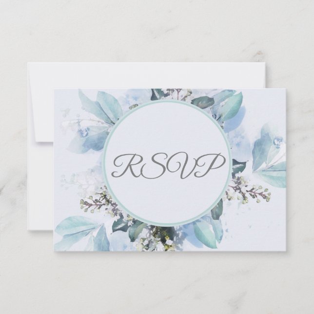 Dusty Blue Botanical Watercolor Wedding RSVP (Front)