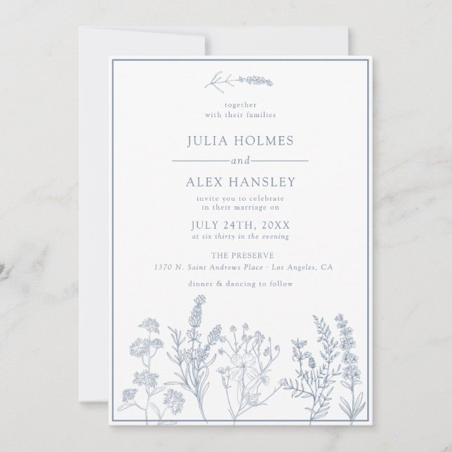 Dusty Blue Botanical Wedding Invitation (Front)