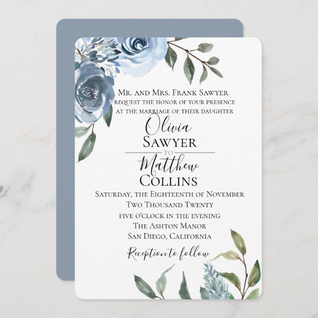 Dusty Blue Botanical Wedding Invitation (Front/Back)