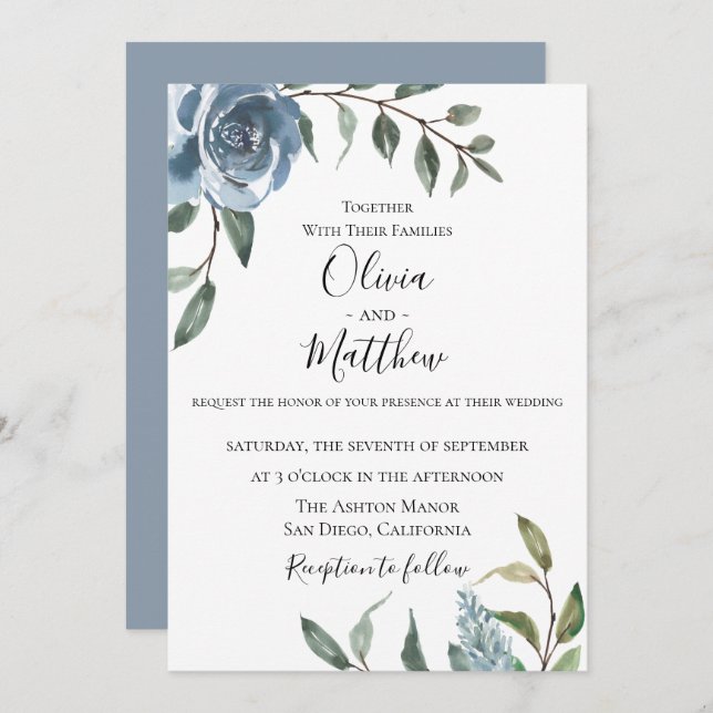 Dusty Blue Botanical Wedding Invitation (Front/Back)
