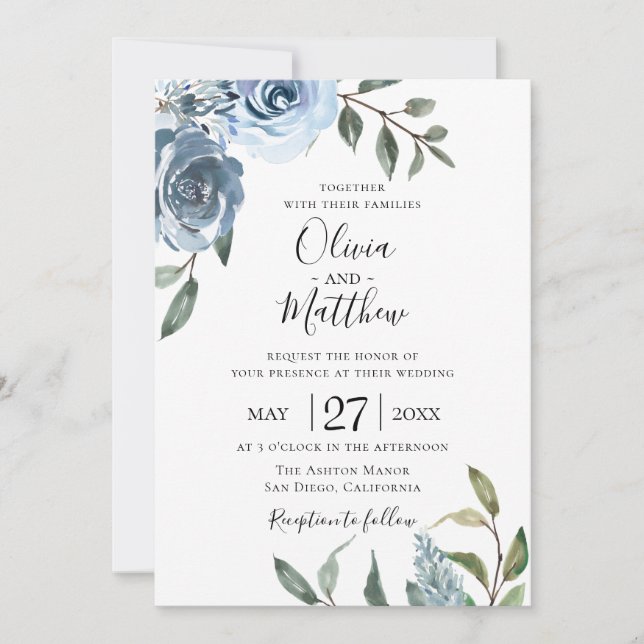 Dusty Blue Botanical Wedding Invitation (Front)