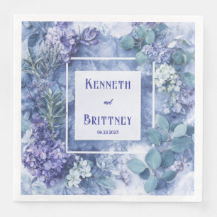 Dusty Blue Botanical Wedding Napkins with Greenery