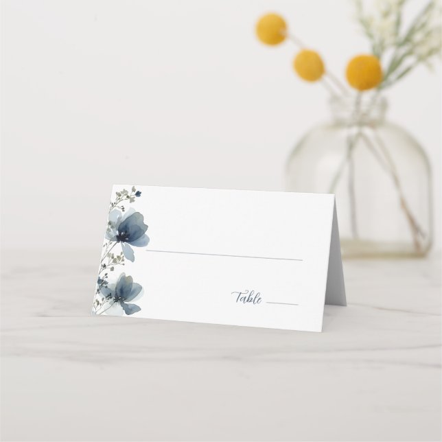 Dusty Blue Botanical Wedding Place Card (Front)