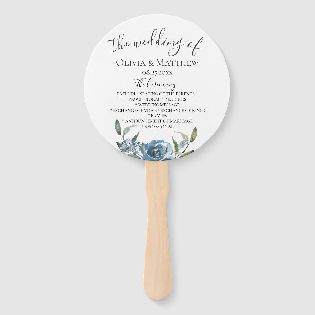 Dusty Blue Botanical Wedding Program Hand Fan (Front)