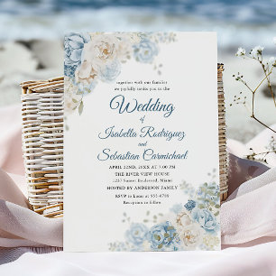 Dusty Blue Botanical Wedding Roses Watercolor Invitation