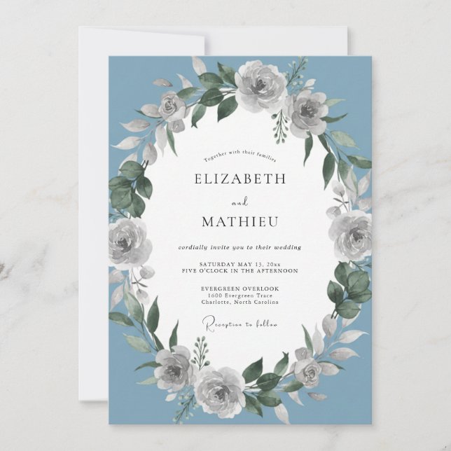 Dusty Blue Botanical Whimsy Wedding Invitation (Front)