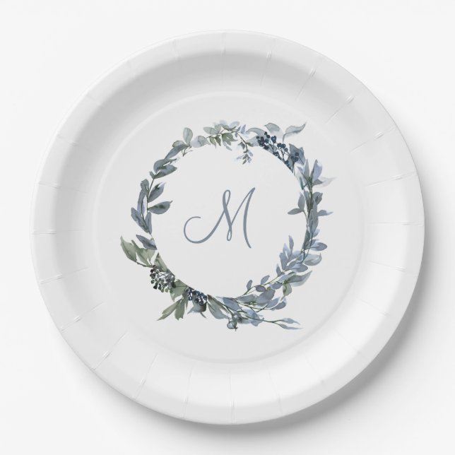 Dusty Blue Botanical Wreath Elegant Monogram Paper Plate (Front)