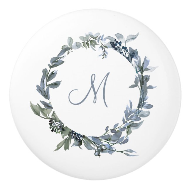 Dusty Blue Botanical Wreath Monogram Ceramic Knob (Front)