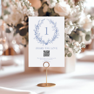 Dusty Blue Botanical Wreath QR Code Photo Sharing Table Number