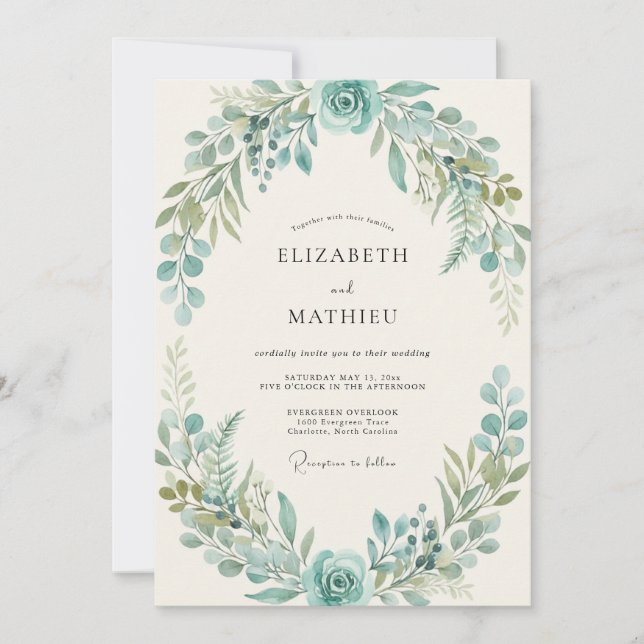 Dusty Blue Botanical Wreath Wedding Invitation (Front)
