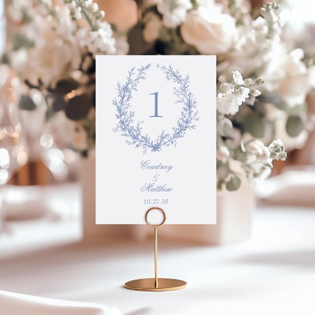 Dusty Blue Botanical Wreath Wedding Table Number (Creator Uploaded)