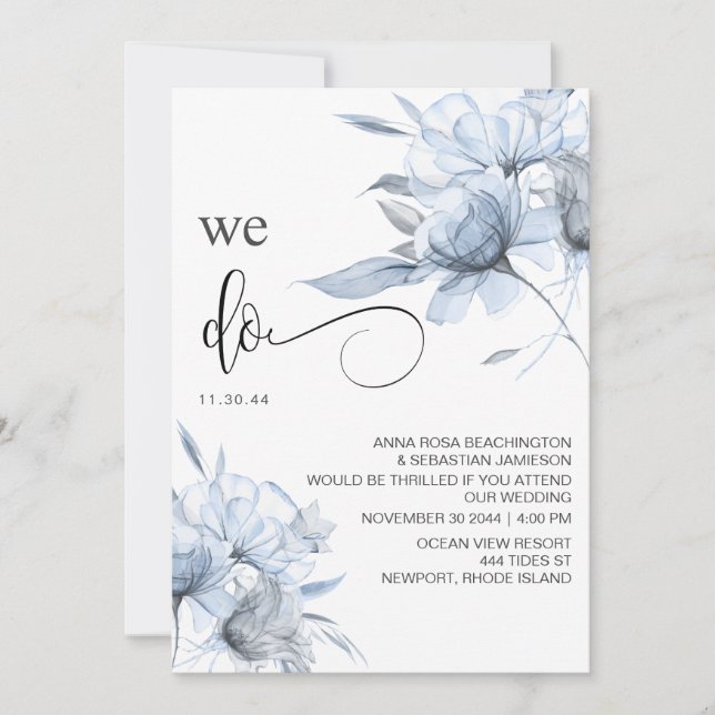 *~* Dusty Blue Bouqet RSVP QR AR15 Floral WEDDING Invitation (Front)