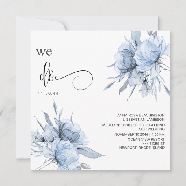 *~* Dusty Blue Bouquet AR15 Floral QR RSVP WEDDING Invitation (Front)