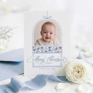 Dusty Blue Bow Arch Ornament Christmas Photo Holiday Card