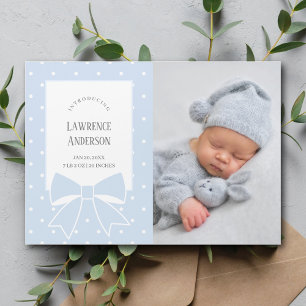 Dusty Blue Bow Baby Boy Photo Birth Announcement