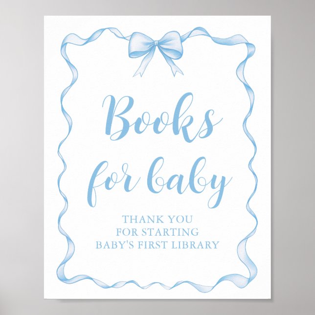Dusty Blue Bow Boy Baby Shower Books for Baby Game Poster (Front)