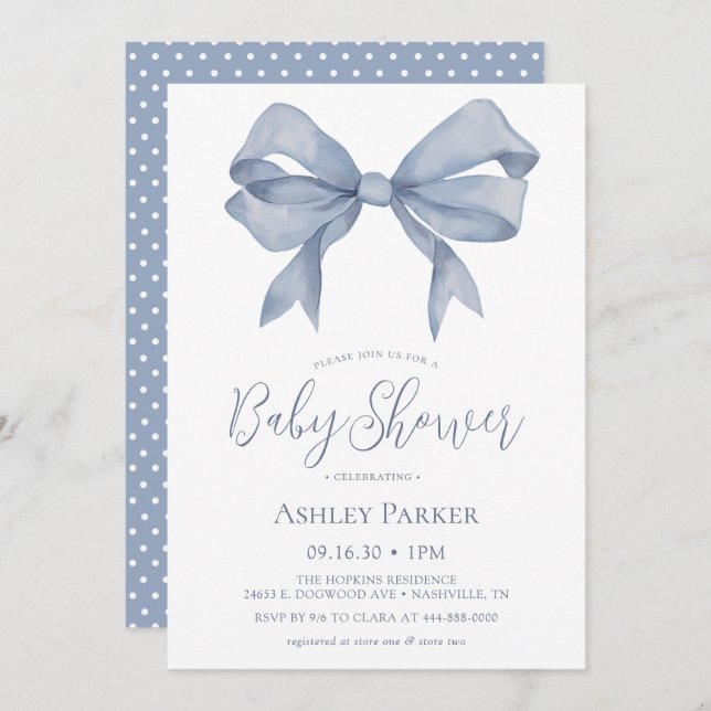 Dusty Blue Bow Boy Baby Shower Invitation (Front/Back)