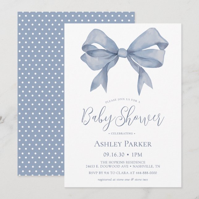 Dusty Blue Bow Boy Baby Shower Invitation (Front/Back)