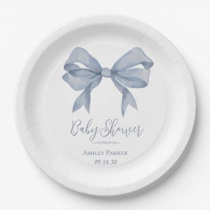 Dusty Blue Bow Boy Baby Shower Paper Plate