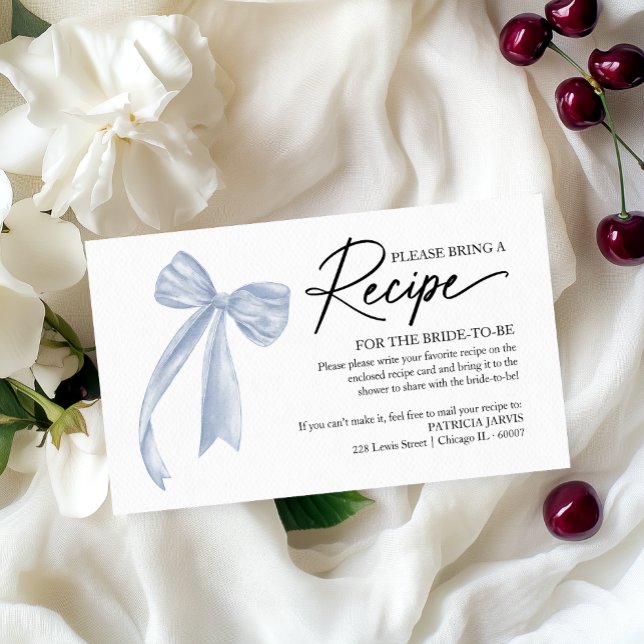 Dusty Blue Bow Bridal Shower Recipe Request Enclosure Card (Creator Uploaded)