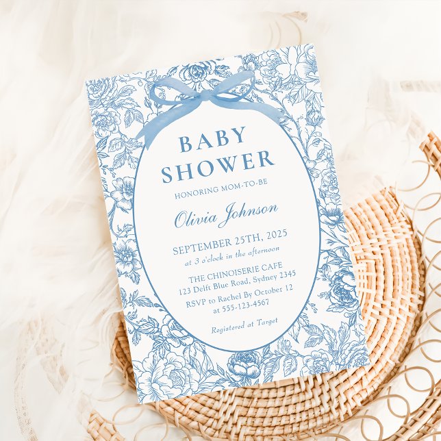 Dusty Blue Bow Chinoiserie Floral Baby Shower Invitation (Creator Uploaded)