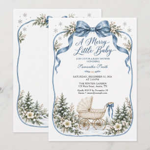 Dusty Blue Bow Christmas Carriage Baby Shower Invitation