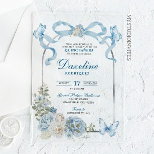 Dusty Blue Bow Coquette Butterfly Quinceañera Acrylic Invitations