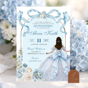 Dusty Blue Bow Coquette Butterfly Silver Quinceane Invitation
