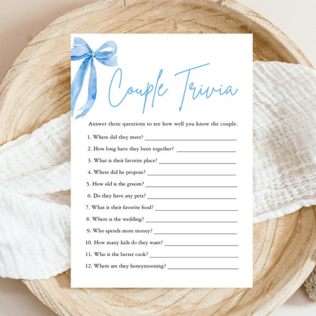 Dusty Blue Bow Couple Trivia Bridal Shower Game  Invitation (Modern Blue Bow Ribbon Coquette Couple Trivia Bridal Shower Game She's Tying the Knot Bridal Shower)