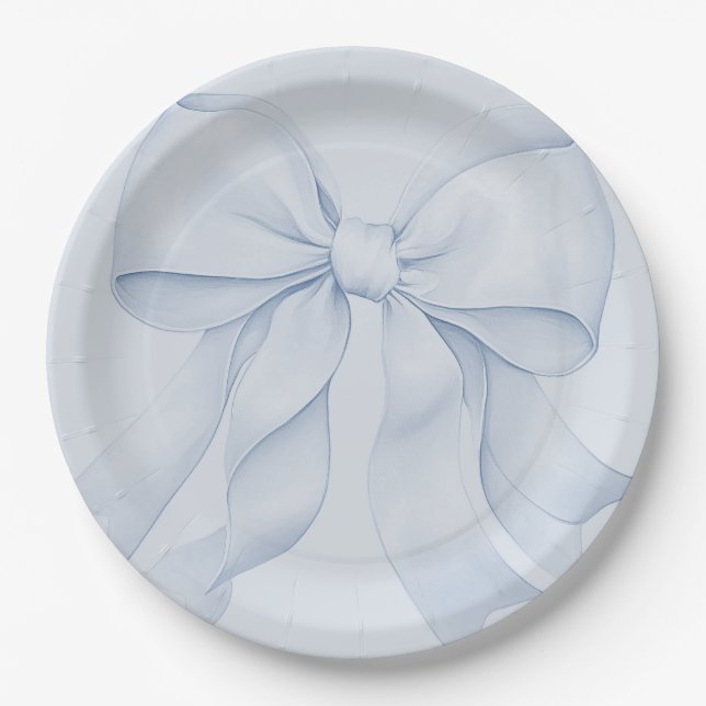 Dusty Blue Bow Elegant Decor Paper Plate (Front)