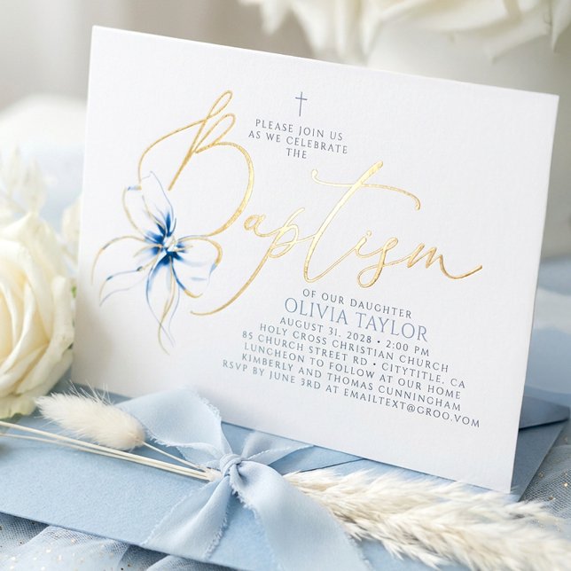 Dusty Blue Bow Elegant Minimalist Modern Baptism (Blue Bow Baptism Invitation)