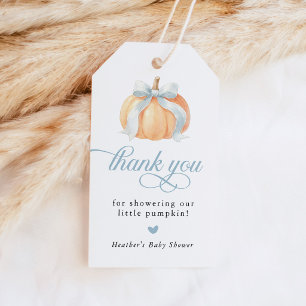 Dusty Blue Bow Fall Pumpkin Baby Shower Gift Tags