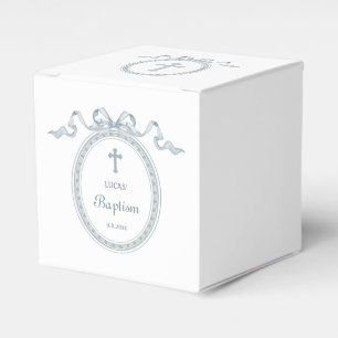 Dusty Blue Bow Greek Frame Baptism Cube Favour Box