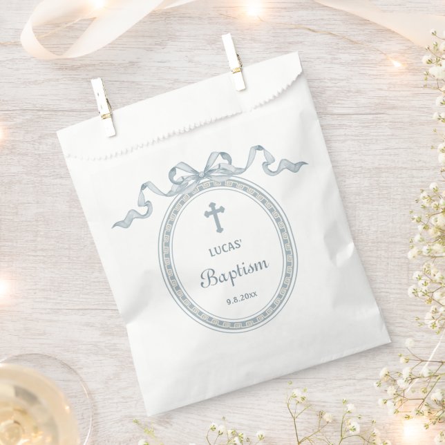 Dusty Blue Bow Greek Frame Baptism Favour Bags (Clipped)