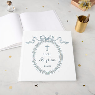 Dusty Blue Bow Greek Frame Baptism Guest Book