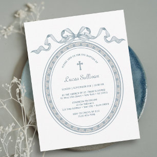 Dusty Blue Bow Greek Frame Baptism Invitation