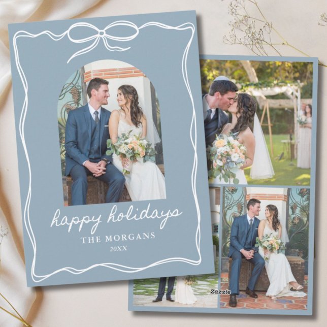 Dusty Blue Bow Happy Holidays Rustic Just Married Holiday Card (Dusty Blue Bow Happy Holidays Rustic Just Married Holiday Card)