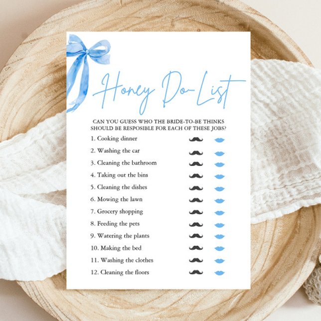 Dusty Blue Bow Honey Do List Bridal Shower Game Invitation (Modern Watercoior Dusty Blue Bow Honey Do List Bridal Shower Game)