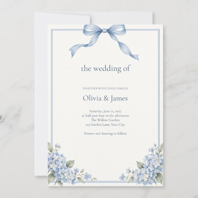 Dusty Blue Bow Hydrangea Wedding Invitation (Front)