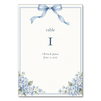 Dusty Blue Bow Hydrangea Wedding Table Number