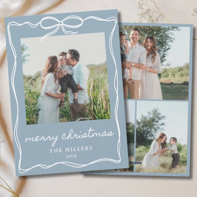 Dusty Blue Bow Merry Christmas 4 Photo Family Holiday Card (Creator Uploaded)