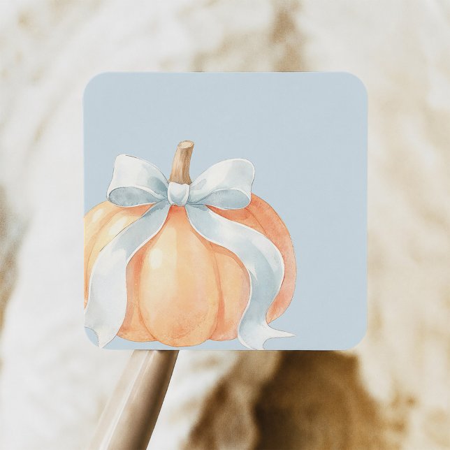 Dusty Blue Bow Pumpkin Baby Boy Shower Square Sticker (Creator Uploaded)