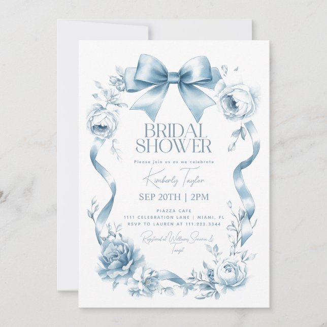 Dusty Blue Bow Ribbon Floral Flowers Bridal Shower Invitation (Front)