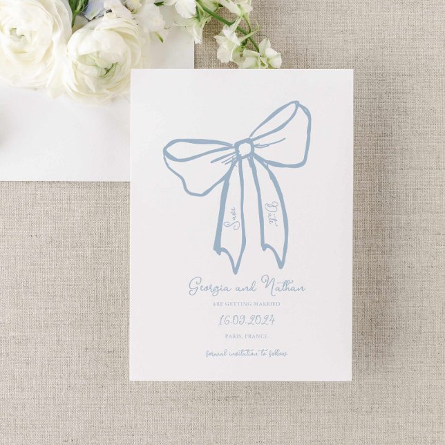 Dusty Blue Bow Save the Date Invitation (dusty blue bow wedding save the date card, hand drawn bow french vintage inspired wedding)